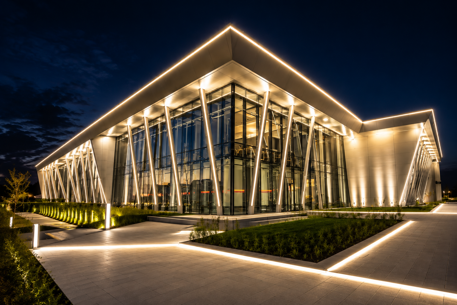 Contemporary building facade transformed with dramatic linear architectural lighting